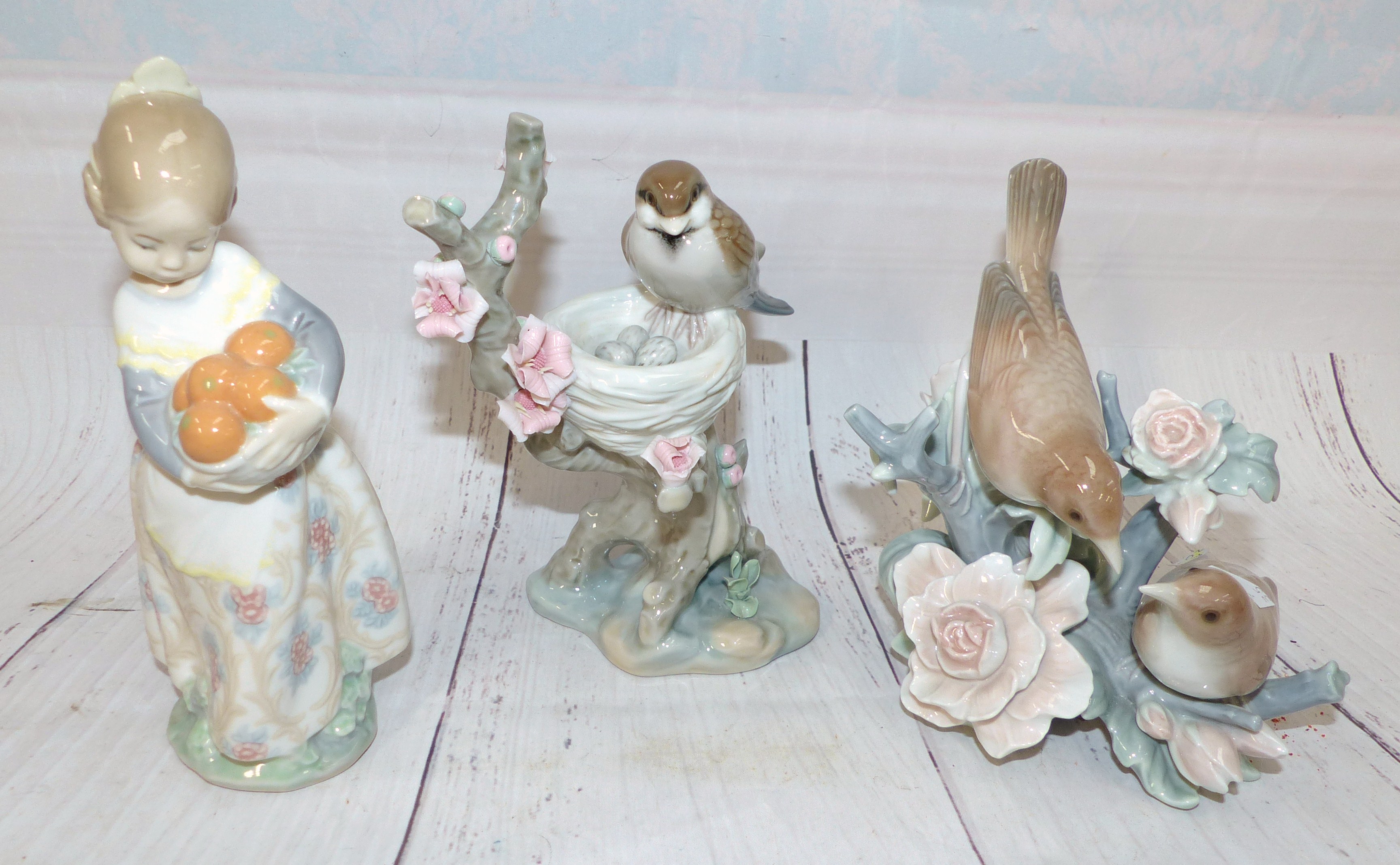 2 Lladro Groups of Birds, Lladro Girl with Oranges