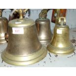 A brass ships bell on ring height 9''; 2 bells on wall brackets height 51/2'' (no clappers)