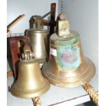 3 brass ships bells with brackets height 8'', 6'' & 4''