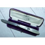 A silver blade fruit knife with mother of pearl sides Sheffield 1912 in velvet lined case