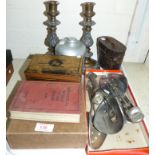A Huntley and Palmer's aluminium caddy, gentlemen's case, pair of binoculars, a hand game, foot