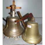 2 brass ships bells with steel brackets heights 9'' & 71/2''