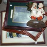 Resin group of 2 children with umbrella; collection of 10 various reproduction prints