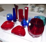 Two red Art Glass irregular shaped dishes; other coloured glass