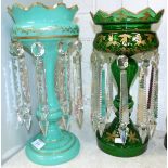 A 19th century apple green glass lustre, gilt decorated with cut glass drops; a similar green