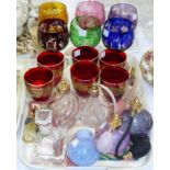 Six overlaid cut hock glasses; 5 perfume bottles