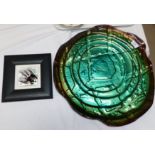 A large green/brown lustre dish with stepped surface, diameter 18½"; a Christine Romano art glass