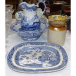 A Copeland 'Spode's Italian' jug and bowl set; a Willow pattern meat plate