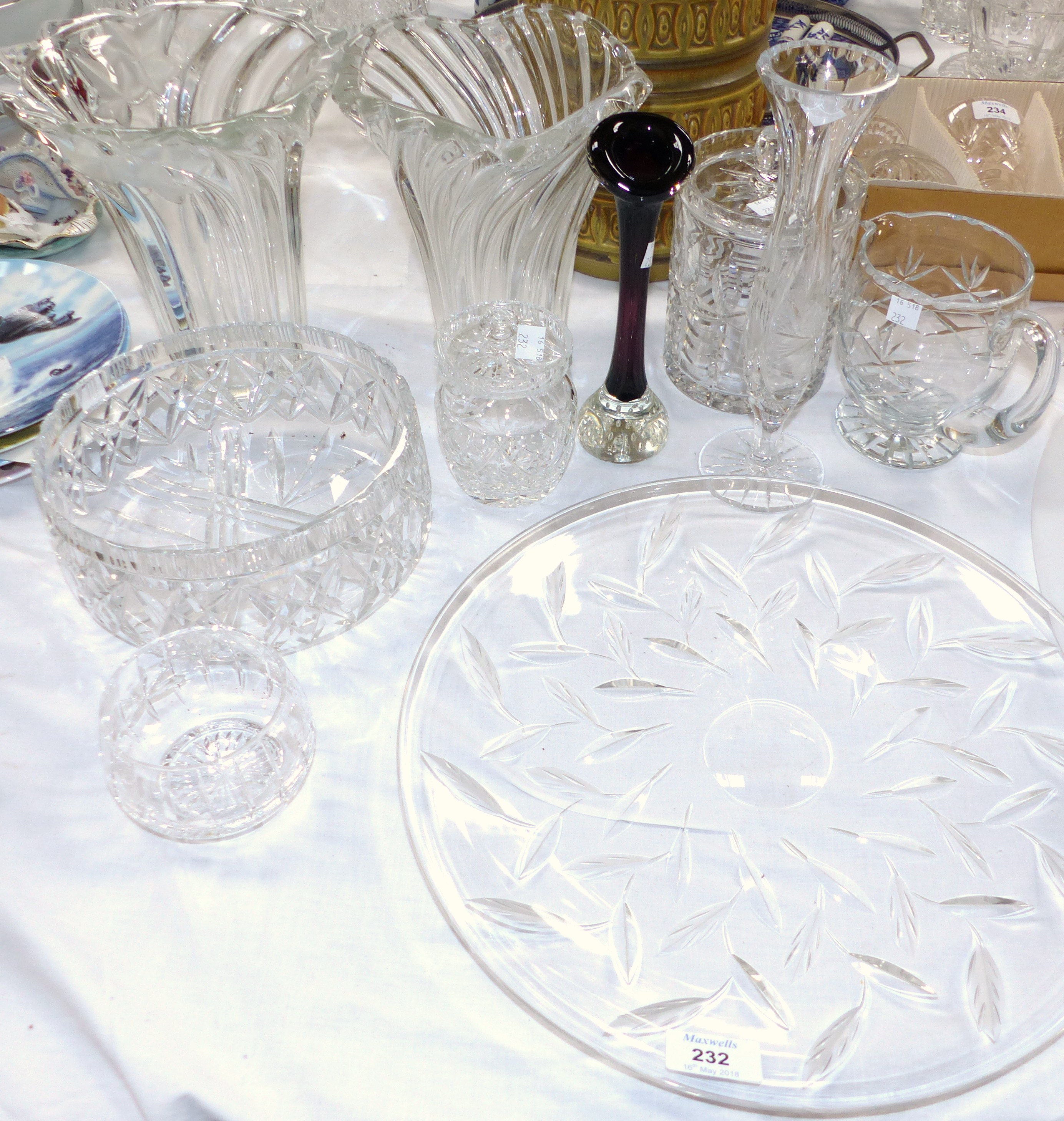 A Whitefriar's style cut glass platter; decorative glassware