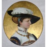 A 19th Century porcelain hand painted oval plaque in the Berlin style of a renaissance woman.