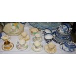 Seven Crown Devon cabinet cups and saucers, three other pieces and a selection of old willow tea wa