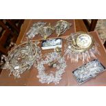 A selection of crystal chandelier fittings and drops; etc.; 2 wall lights