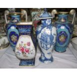 A pair of Noritake urn shaped vases; a Losolware vase; a Chinese blue and white covered vase with