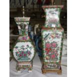 A Chinese Canton porcelain table lamp of square baluster form; a similar lamp