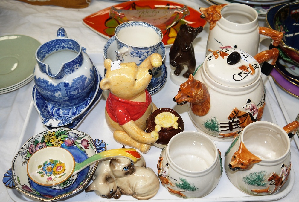 A 1970's Poole dish; a Beswick group of 2 kittens; a USSR china bear; a blue and white 'hunting' 4