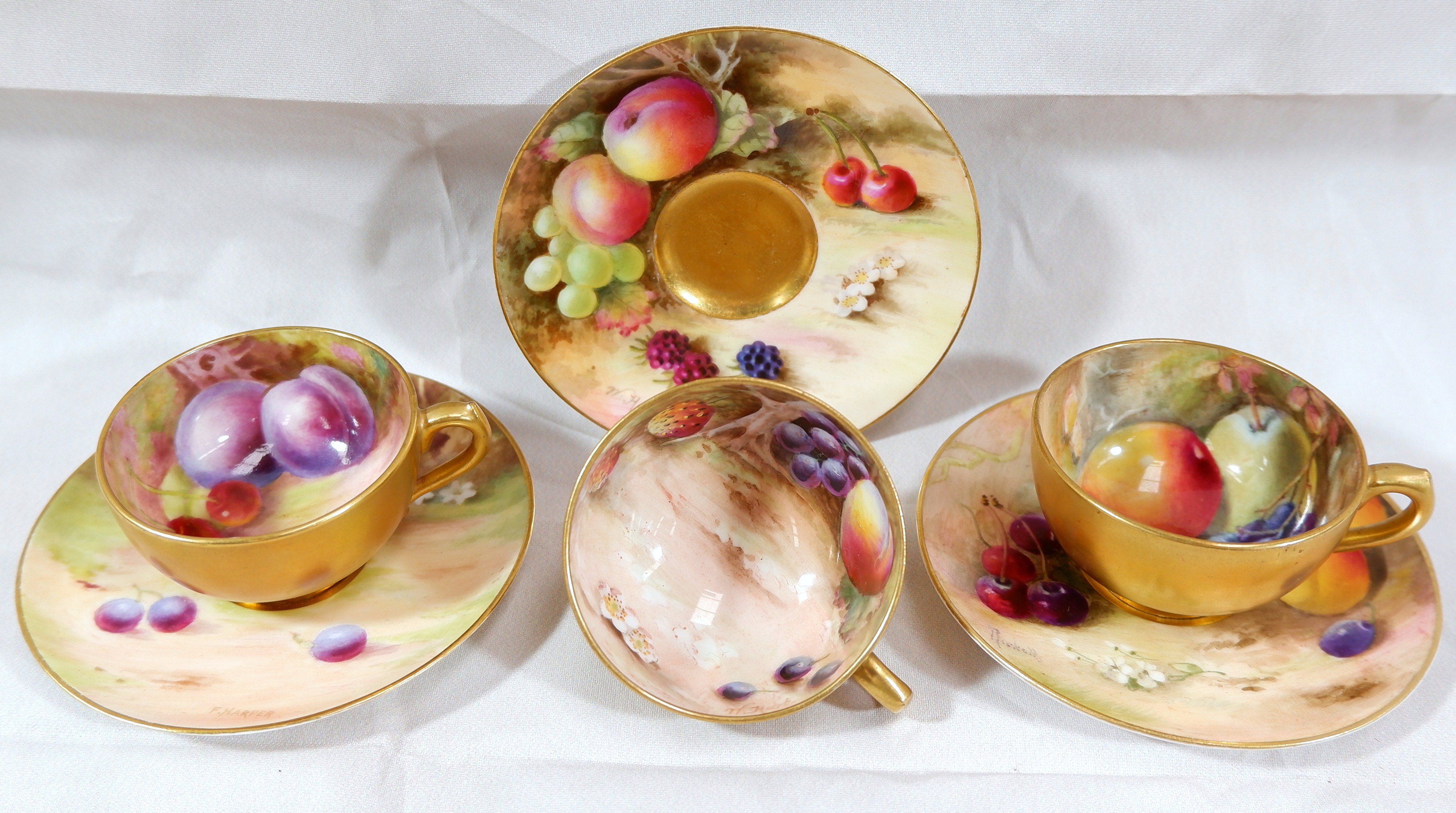 A set of Royal Worcester porcelain cabinet cups and saucers decorated with fruit on mossy banks, - Image 3 of 3