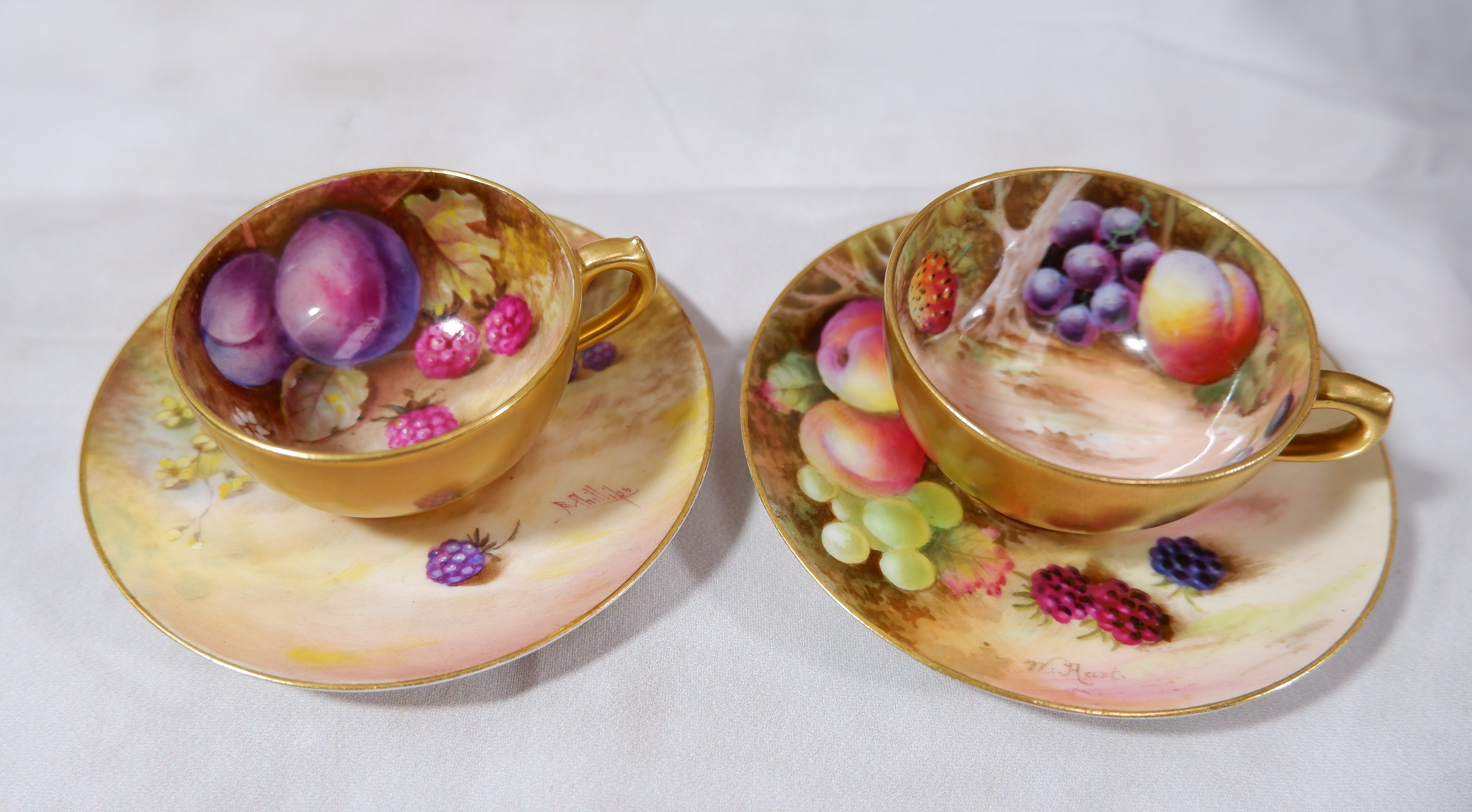 A set of Royal Worcester porcelain cabinet cups and saucers decorated with fruit on mossy banks, - Image 2 of 3