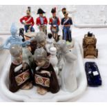 A set of 3 Spanish figures in ponchos; 4 soldier figures; a collection of Avon novelty scent