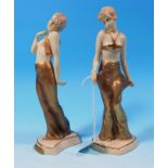 Elly Strobach for Royal Dux: pair of Art Deco female figures in ivory and gilt, pink triangle