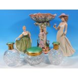 A Dresden style encrusted porcelain table centre; a Royal Doulton figure "Fair Lady" HN 2193; a
