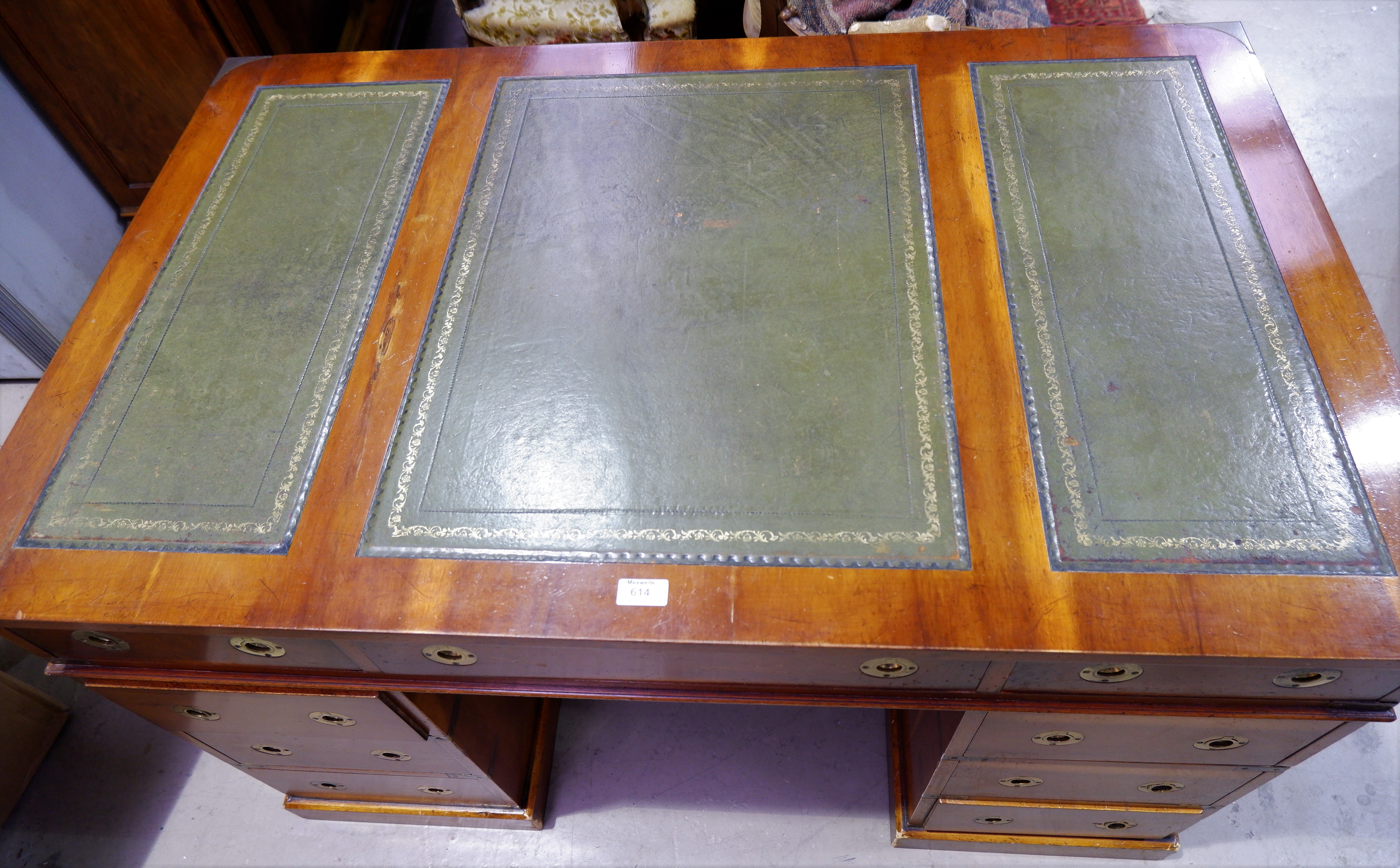 A military style yew wood kneehole desk twin pedestals, 3 frieze and 6 pedestal drawers with inset - Image 2 of 2