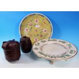 A Chinese Famille Jaune dish , 12" diameter; a Victorian bread dish and 2 Bakelite kitchen