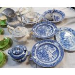 Two 19th century willow pattern heated dishes; other blue and white plates and dishes; teapot; large