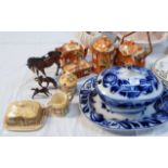 A blue & white soup tureen and matching dish; 7 items of 1930's cottage ware; a Beswick bay horse