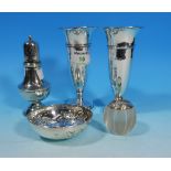 A pair of silver posy vases, weighted, Birmingham 1912; a sugar dredger; a small continental bowl; a