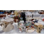 A selection of china; glass decorative items; table lamps; Two modern coffee tables and a duet