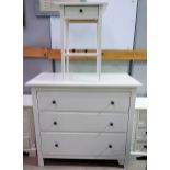 A modern white 3 drawer chest; a shelf/bedside table unit