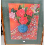 Jenny Webb: colour oil pastel, still life with camellias and Greek scarf, 25" x 18½", signed and