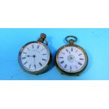 A small open faced pocket/fob watch, key wound with floral dial; a Waltham open faced pocket