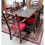 An oak reproduction dining suite comprising Welsh dresser, rectangular table and 6 ladder back