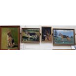 Karl: 2 oil paintings of a Cruft's exhibited German Shepherd, c 1980's; 2 similar woolwork