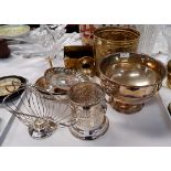 A silver plated punch bowl; a siphon stand; other silver plate and brassware