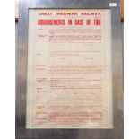 A Great Western Railway poster: "Arrangements in case of fire", framed and glazed; a British Rail