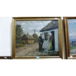 OSKAR STEACK. 20th CENTURY DANISH: Village scene with postman and lady at a cottage door. Signed.