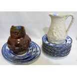 Sixteen blue and white T Furnival & Sons Ceylon pattern bowls and three matching graduated serving