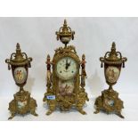 A gilt brass clock garniture of recent manufacture with Sevres style porcelain panels