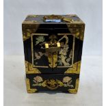 A Chinese black lacquer jewellery casket of recent manufacture with brass mounts and mother-of-pearl