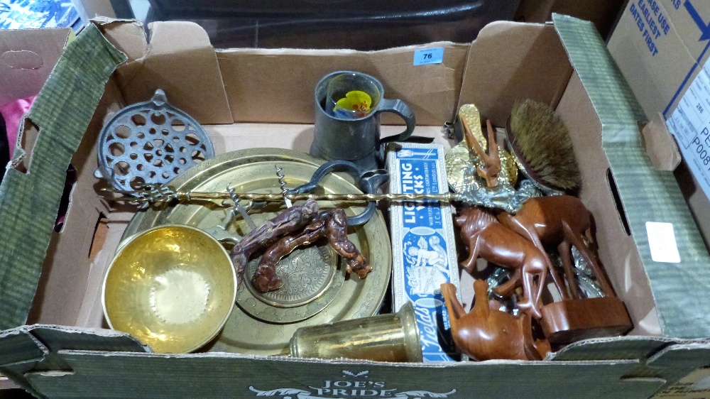 A box of metalware and sundries