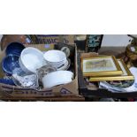 A box of ceramics, a warming pan, two prints, various decorated plates and a brass oil lamp