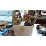 Sundries to include two mirrors, a steel footman, case, folding stool etc