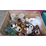 A box of stoneware jars etc