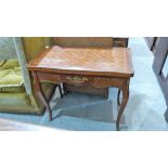 A French style card table of recent manufacture with parquetry top and gilt metal mounts and sabots.