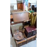 Canvas trunk, an oak students bureau, a Japanese lacquer cabinet, a treen bowl, embroidered picture