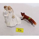 A Beswick fox and a Royal Worcester figure, Bride and Groom