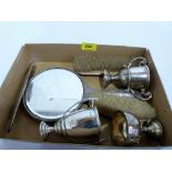 Three silver trophy cups, 6ozs 9dwts and a four piece silver dressing table set