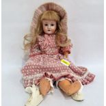 A German doll marked SH for Simon & Halbig, the bisque head with blonde wig, sleeping eyes and